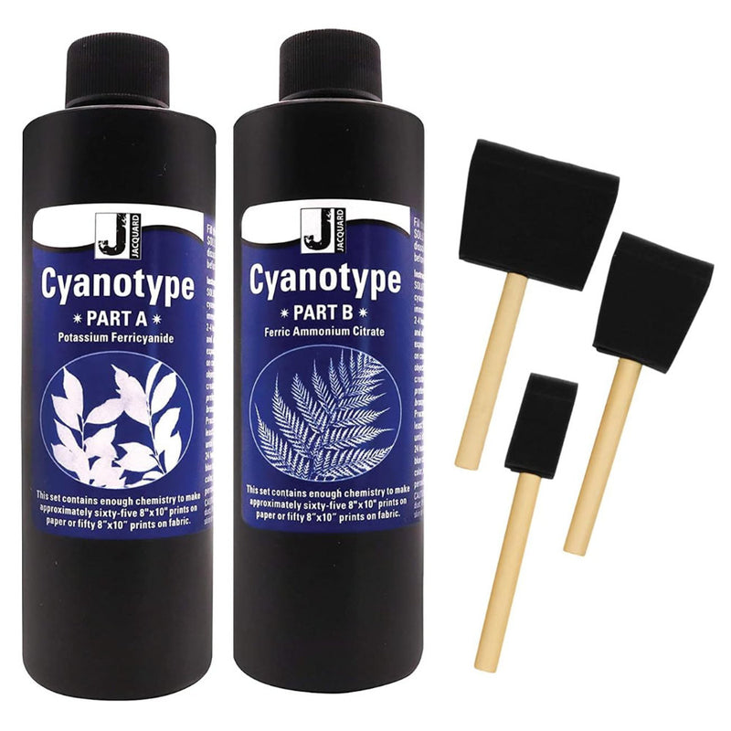 Two bottles labeled 'Cyanotype Part A' and 'Cyanotype Part B' with foam brushes.