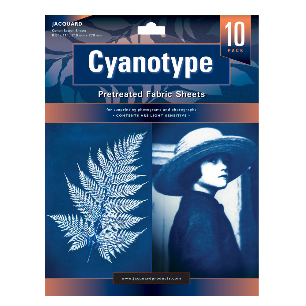 Jacquard Cyanotype Pretreated Fabric Sheets 10-pack in blue packaging with a cyanotype fern and portrait design.