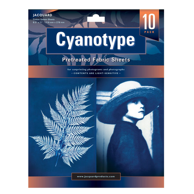 Jacquard Cyanotype Pretreated Fabric Sheets 10-pack in blue packaging with a cyanotype fern and portrait design.