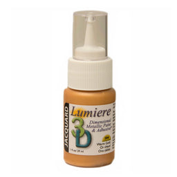 Bottle of Jacquard Lumiere 3D warm gold dimensional metallic paint and adhesive in warm gold color on a white background