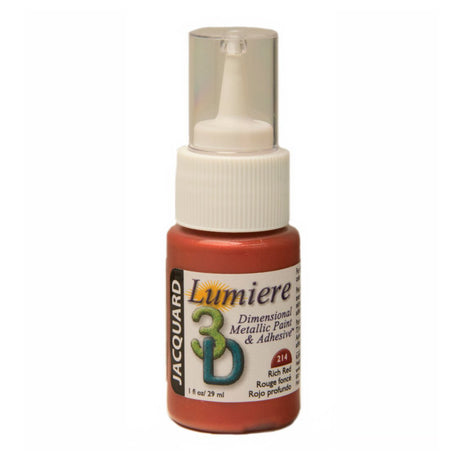 Bottle of Jacquard Lumiere Rich Red 3D dimensional metallic paint and adhesive on a white background