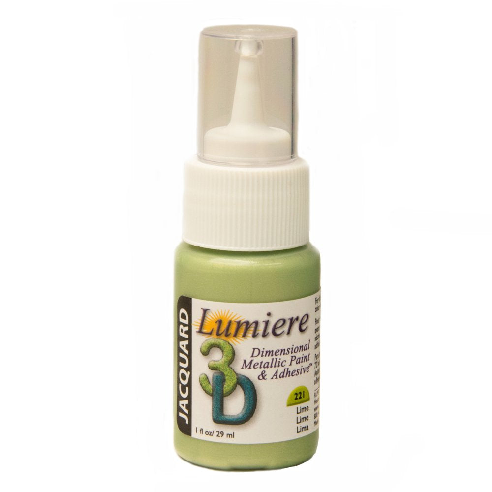 Bottle of Jacquard Lime Green Lumiere 3D dimensional metallic paint and adhesive on a white background