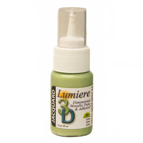 Bottle of Jacquard Lime Green Lumiere 3D dimensional metallic paint and adhesive on a white background