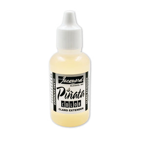 A bottle of Jacquard Pirata Color Claro Extender, showing the pale yellow liquid inside a clear bottle with a white cap and black-and-white label.