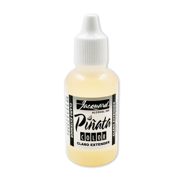 A bottle of Jacquard Pirata Color Claro Extender, showing the pale yellow liquid inside a clear bottle with a white cap and black-and-white label.
