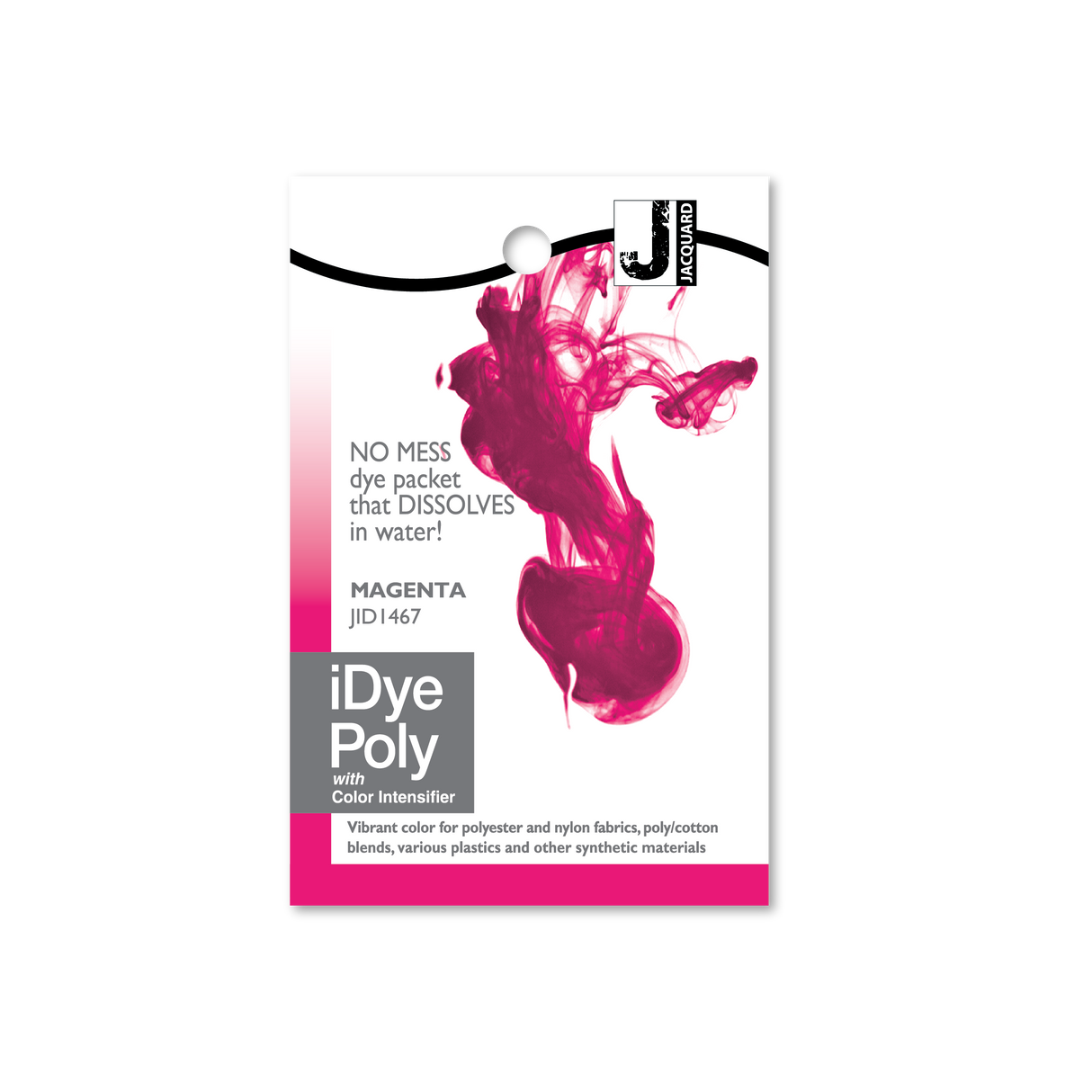 iDye Poly magenta dye packet on a white background