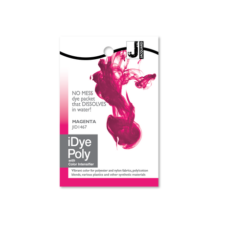 iDye Poly magenta dye packet on a white background