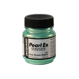 A small container of Jacquard Pearl Ex Powdered Pigments in Duo Green-Yellow 682
