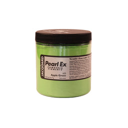 A jar of Jacquard Pearl Ex Mica Powder Pigment 635 Apple Green 14 grams.