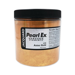 A jar of Jacquard Pearl Ex Mica Powder Pigment 658 Aztec Gold colour.