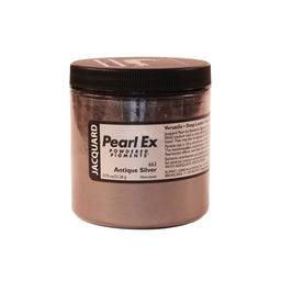 A jar of Jacquard Pearl Ex Mica Powder Pigment 662 Antique Silver 21 grams
