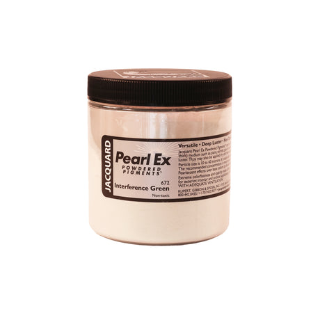 A jar of Jacquard Pearl Ex Mica Powder Pigment 672 Interference Green