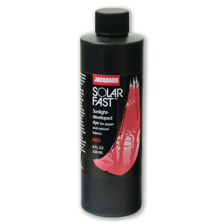 A bottle of Jacquard Solarfast Sunlight (UV) Dye Red