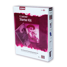 Jacquard Solarfast Starter Kit product box, featuring a white and deep magenta design with product imagery and text, shown on a clean white background.