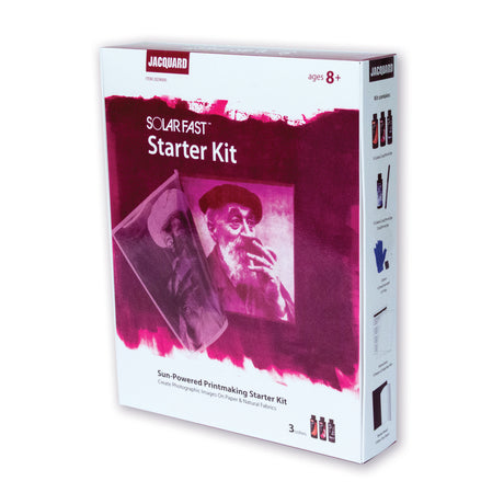 Jacquard Solarfast Starter Kit product box, featuring a white and deep magenta design with product imagery and text, shown on a clean white background.