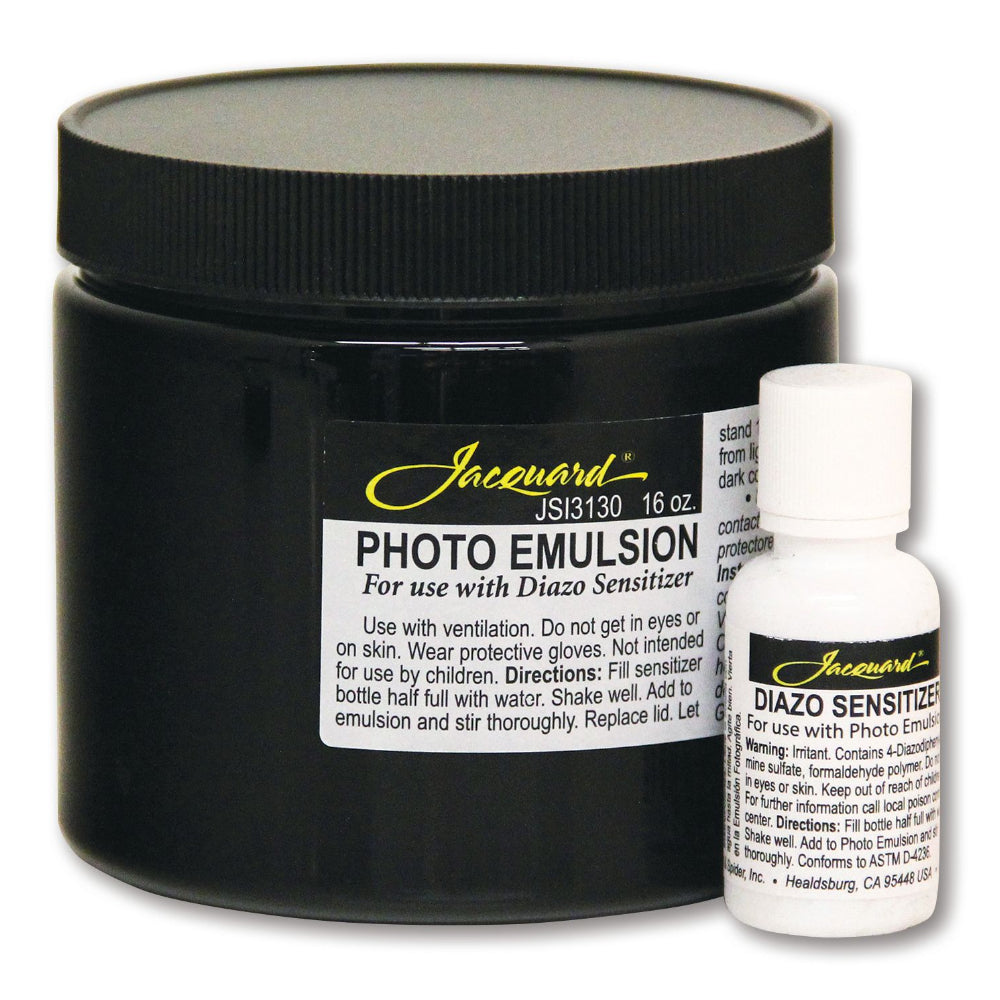 A black jar labeled Photo Emulsion next to a white bottle labeled Diazo Sensitizer, both products are intended for use in screen printing.