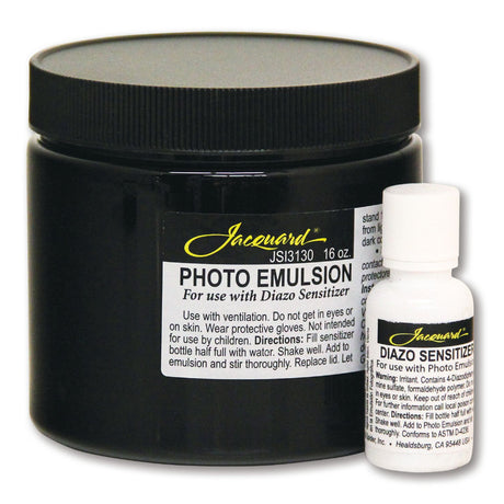 A black jar labeled Photo Emulsion next to a white bottle labeled Diazo Sensitizer, both products are intended for use in screen printing.