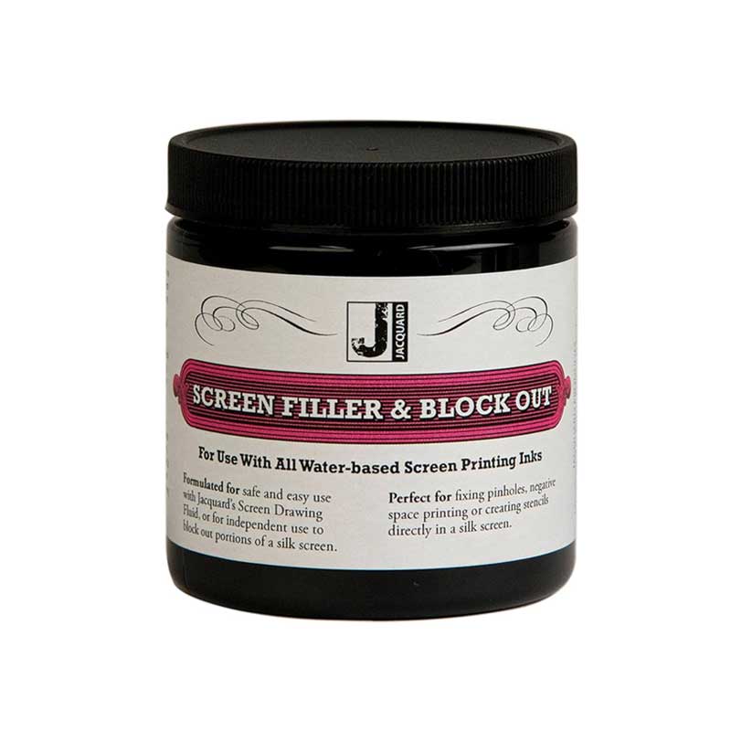 Jar of screen filler and block out with black lid on a white background