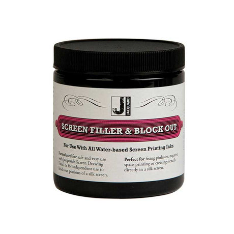 Jar of screen filler and block out with black lid on a white background