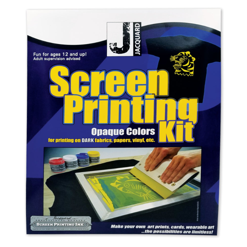 Packaging for Jacquard Screen Printing Kit Opaque Colors, featuring images of the screen printing frame, ink jars, squeegee, and other components of the kit.