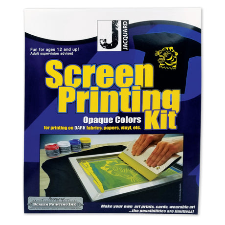 Packaging for Jacquard Screen Printing Kit Opaque Colors, featuring images of the screen printing frame, ink jars, squeegee, and other components of the kit.