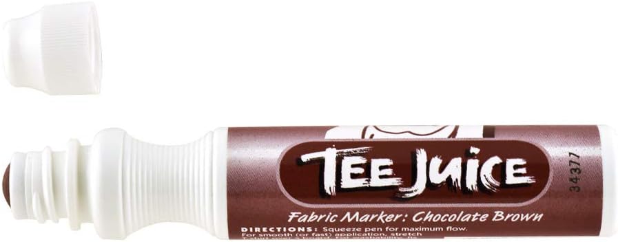 A chocolate brown fabric marker pen with a thick tip, labeled 'Tee Juice' and instructions for use on fabric.