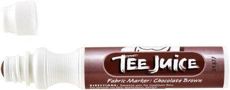 A chocolate brown fabric marker pen with a thick tip, labeled 'Tee Juice' and instructions for use on fabric.