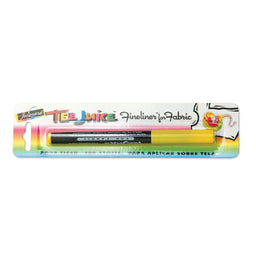 Packaging of Tee Juice Fine Tip Fabric Marker Pen with a multicolor design and a sample image of a T-shirt with a marking on it.