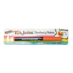 Packaging of a orange Tee Juice Fine Tip Fabric Marker Pen with a multicolor design and a sample image of a T-shirt with a marking on it.