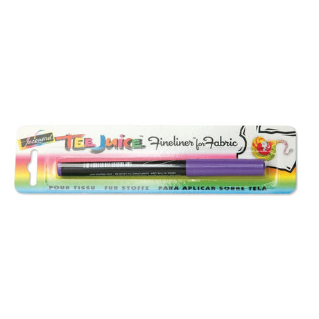 Packaging of a purple Tee Juice Fine Tip Fabric Marker Pen with a multicolor design and a sample image of a T-shirt with a marking on it.