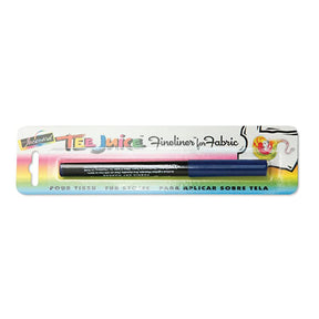 Packaging of Tee Juice Fine Tip Fabric Marker Pen with a multicolor design and a sample image of a T-shirt with a marking on it.