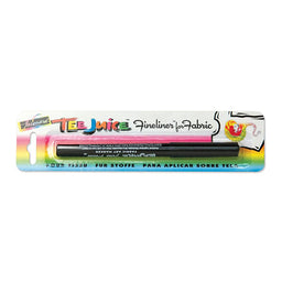 Packaging of Tee Juice Fine Tip Fabric Marker Pen with a multicolor design and a sample image of a T-shirt with a marking on it.