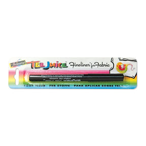 Packaging of Tee Juice Fine Tip Fabric Marker Pen with a multicolor design and a sample image of a T-shirt with a marking on it.