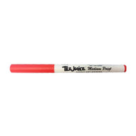 Red fabric marker with 'Tee juice' branding on a white background