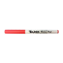 Red fabric marker with 'Tee juice' branding on a white background