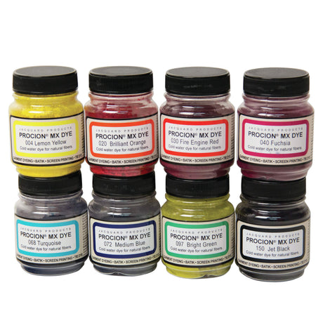 Set of 8 Procion MX Dye bottles in various colors on a white background