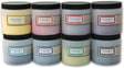 Eight jars of Procion MX dye in various colours