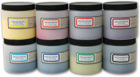Eight jars of Procion MX dye in various colours