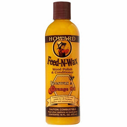 A bottle of Howard Feed-N-Wax Wood Polish & Conditioner 473 ml.