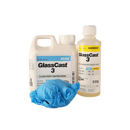 Containers of Glasscast 3 Epoxy Resin and Hardener and a set of blue gloves, intended for crafting and coating purposes.