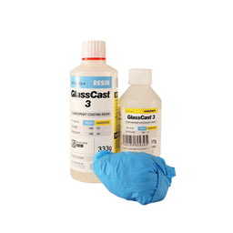 Containers of Glasscast 3 Epoxy Resin and Hardener and a set of blue gloves, intended for crafting and coating purposes.