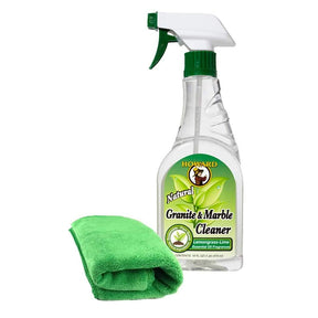 Clear spray bottle labeled 'Howard Natural Granite & Marble Cleaner' with a green microfibre cloth on a white background