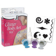 Glitter Body Art Kit packaging with contents including a bottle of adhesive, three jars of glitter in different colors, and a design stencil.