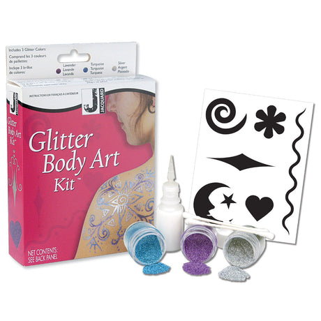 Glitter Body Art Kit packaging with contents including a bottle of adhesive, three jars of glitter in different colors, and a design stencil.