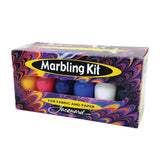Jacquard Marbling Kit in a colorful box with a swirl pattern, showing six paint bottles in yellow, pink, red, blue, dark blue, and white through a clear window.
