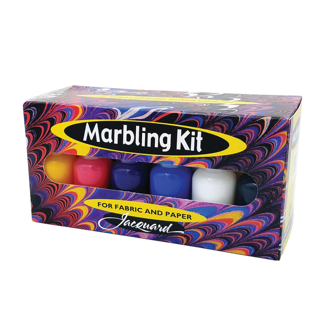 Jacquard Marbling Kit in a colorful box with a swirl pattern, showing six paint bottles in yellow, pink, red, blue, dark blue, and white through a clear window.