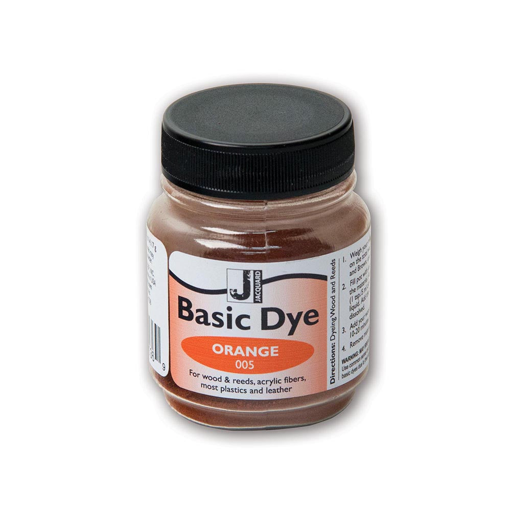 Jar of Jacquard Basic Dye in orange color on a white background
