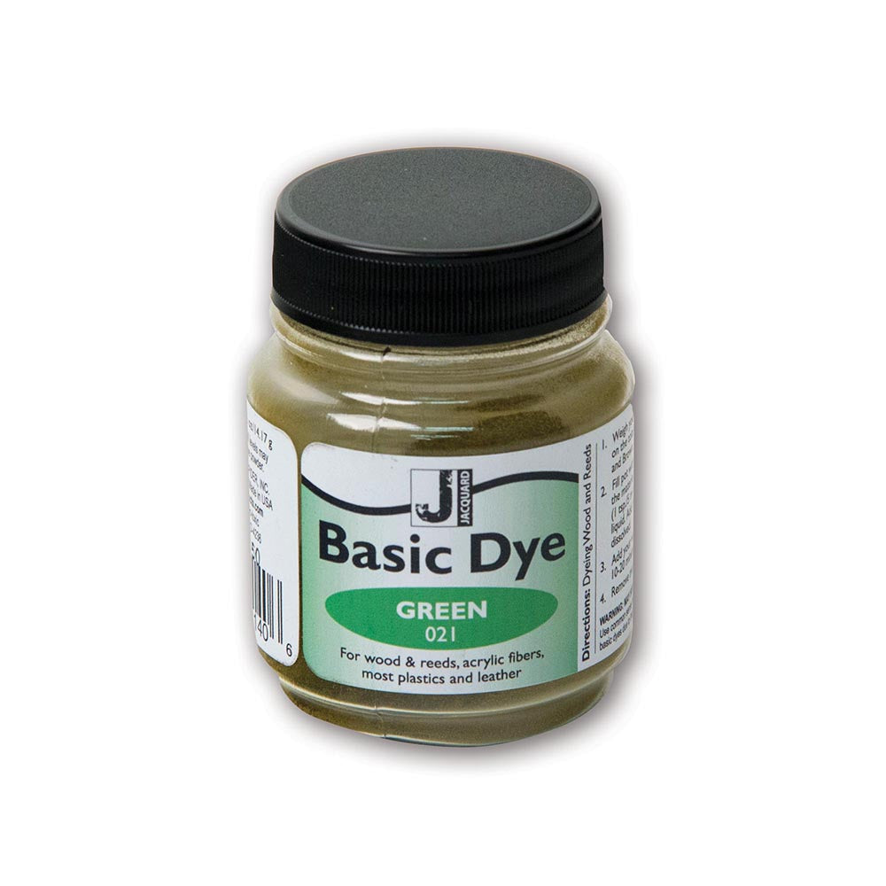 Jar of Basic Dye in green with a black lid on a white background