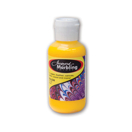 Yellow bottle of Jacquard Marbling Color with colorful marbled pattern on label against a white background