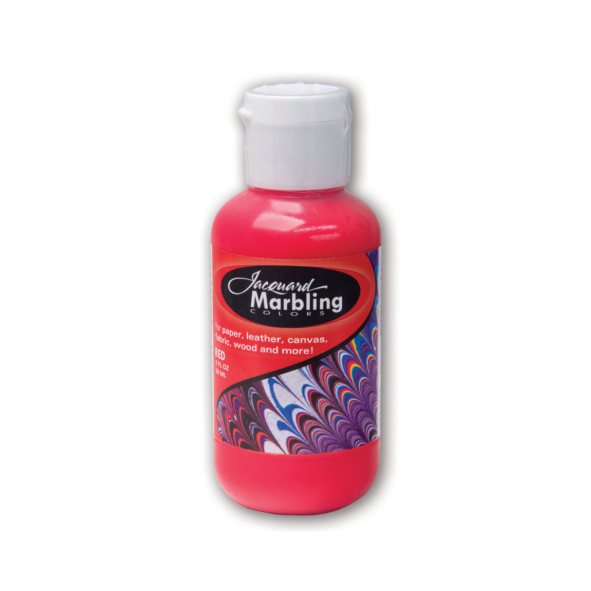 Bottle of Jacquard Marbling paint red on a white background